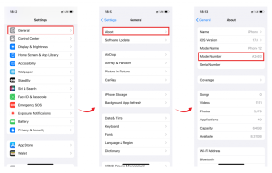 iPhone-instellingenscherm met het modelnummer, om eSIM-ondersteuning te controleren