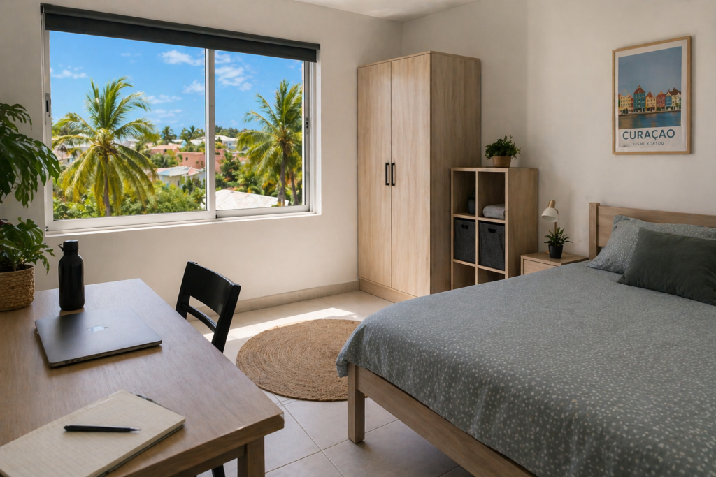 Lichte slaapkamer met uitzicht op palmboom en Curaçao Dushi Korsou-poster
