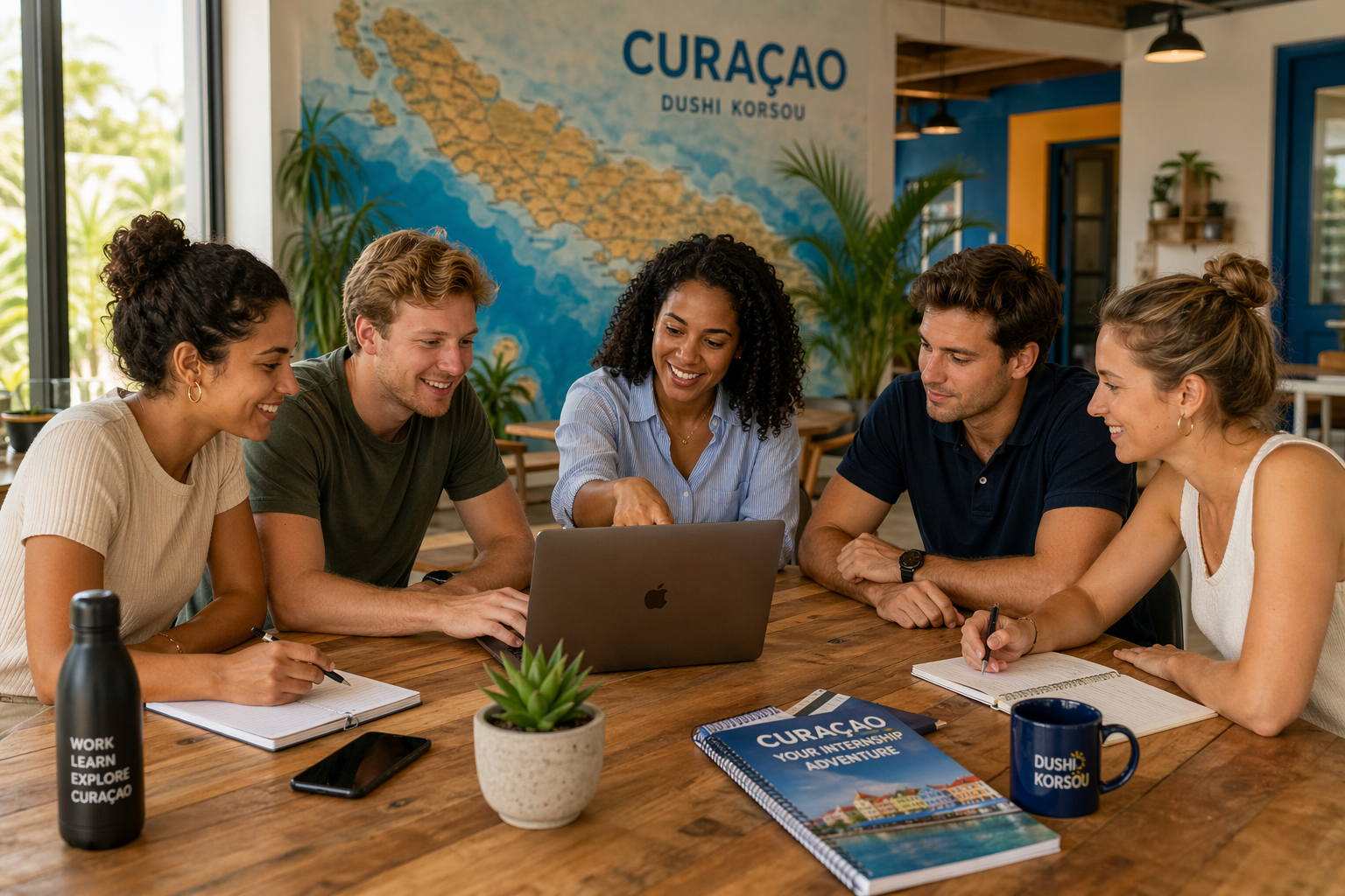 International interns around a table with a Curacao map on the wall