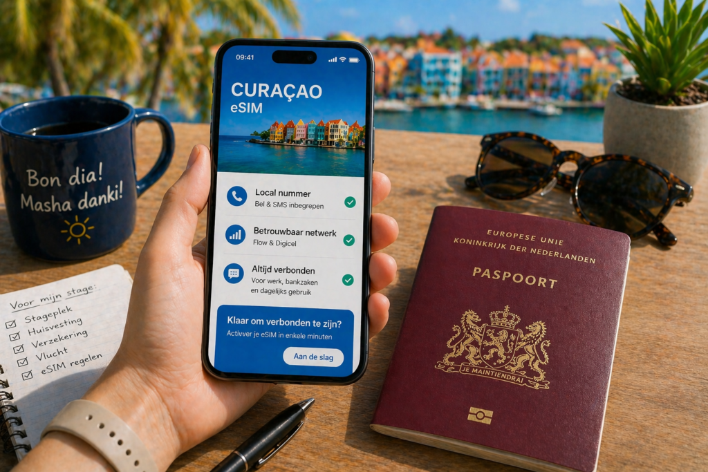 Hand houdt telefoon vast met activatiescherm voor Curaçao eSIM